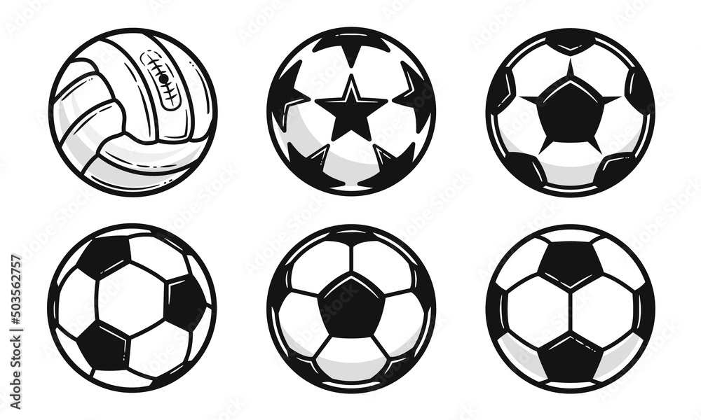Vector soccer ball icons isolated on white background. Vintage soccer ball set. Design elements for logo, poster, emblem. Old soccer ball, Star soccer ball. Vector illustration
