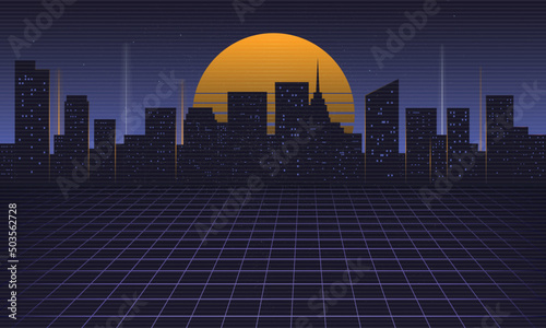 Retro neon night city background, Cityscape with retro sun and vintage grunge texture. Vaporwave, Cyberpunk, 1980s background. Vector illustration