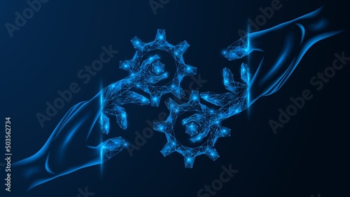 A smoothed joint mechanism of work. Fingers in the form of a wrench adjust the mechanical structure. Low-poly design of interconnected lines and particles. Blue background.