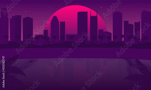 Retro Miami Beach background. Miami Cityscape isolated on a dark background with reflection in water, retro sun and vintage grunge textures. Vaporwave, Cyberpunk background. Vector illustration