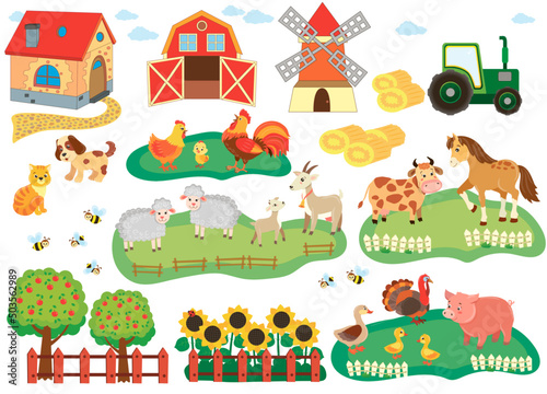 animal, background, barn, bird, cartoon, cat, chicken, cock, countryside, cow, cute, design, dog, domestic animals, drawing, duck, farm, farming, field, flat, fun, garden, graphic, grass, green, happy