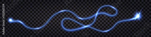Blue electric swirl wave, lightning thunder bolt, impulse discharge with shock light effect, wire cable isolated. shiny blue trail, cyber technology design element. vector illustration