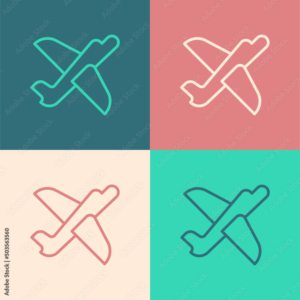 Pop art line Toy plane icon isolated on color background. Flying airplane icon. Airliner sign. Vector