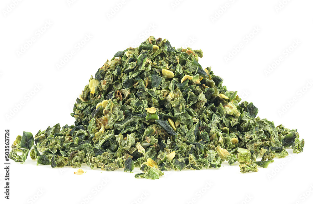 Pile of hot green dry jalapeno pepper isolated on a white background. Chopped jalapeno. Pile of hot green dry jalapeno pepper isolated on a white background. Chopped jalapeno.