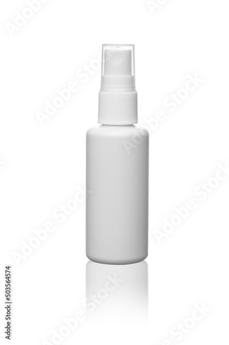white skincare bottle mock up on background with copy space with reflection 