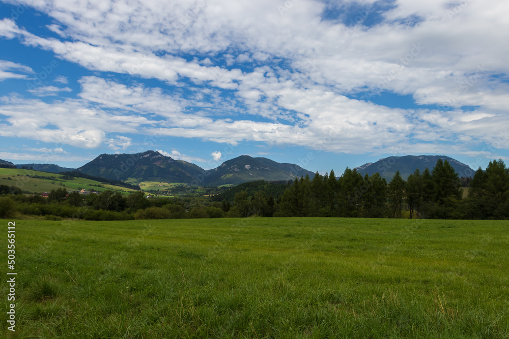 Spring landscape with green meadow. In the background are the hills. Spring landscape with green meadow. In the background are the hills.