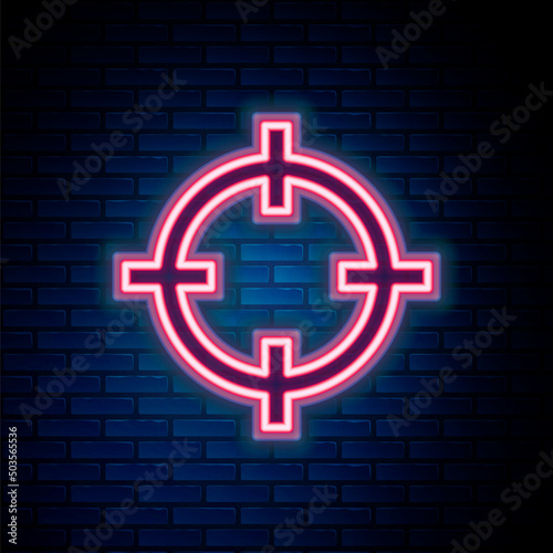 Glowing neon line Target sport for shooting competition icon isolated on brick wall background. Clean target with numbers for shooting range or shooting. Colorful outline concept. Vector