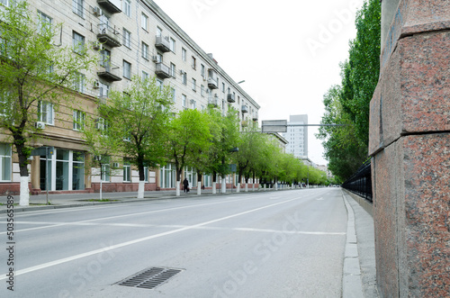 architectural details, view of the city boulevard. trees, buildings, road. architecture of the city