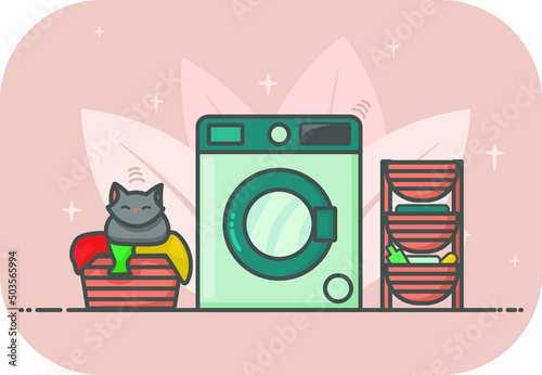 Laundry room, bathroom with washing machine, basket for dirty laundry, shelf for accessories, gray purring cat. Background with leaves. Feeling of purity, glare. Home furnishings. 