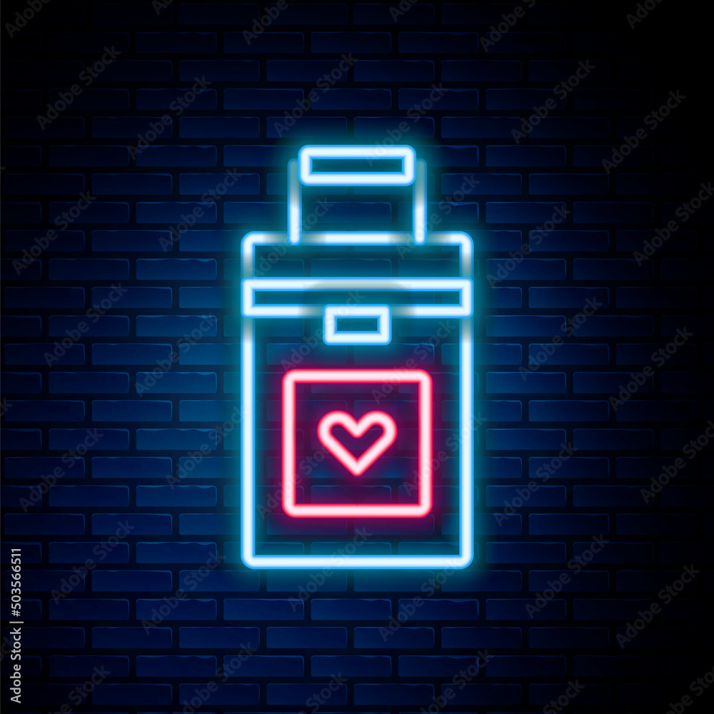Glowing neon line Cooler box for human organs transportation icon isolated on brick wall background. Organ transplantation concept. Organ container. Colorful outline concept. Vector Glowing neon line Cooler box for human organs transportation icon isolated on brick wall background. Organ transplantation concept. Organ container. Colorful outline concept. Vector