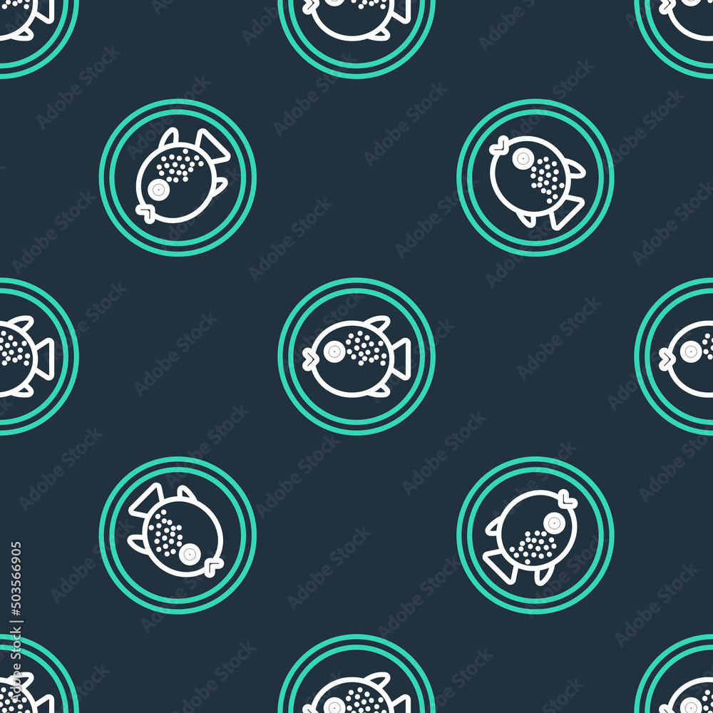 Line Puffer fish on a plate icon isolated seamless pattern on black background. Fugu fish japanese puffer fish. Vector