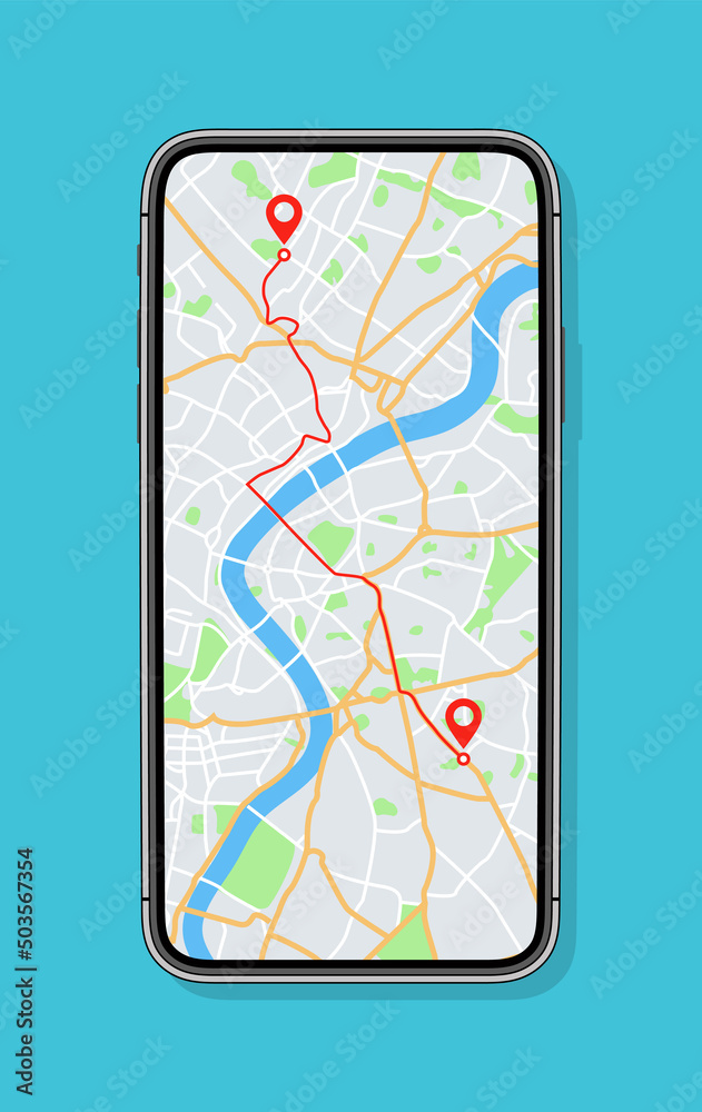 Fototapeta premium Phone with map and gps with location on screen. Mobile smartphone app with map of roads and pin with navigator of city. Vector. Application of street search and route navigation icons in town