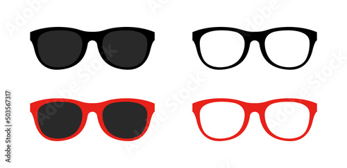 Icons of black and red glasses illustrations isolated. Cool sun glasses silhouettes for eyes. Vector. Retro sun glass frames for fashion spectacles, hipsters. Lens, oculars set
