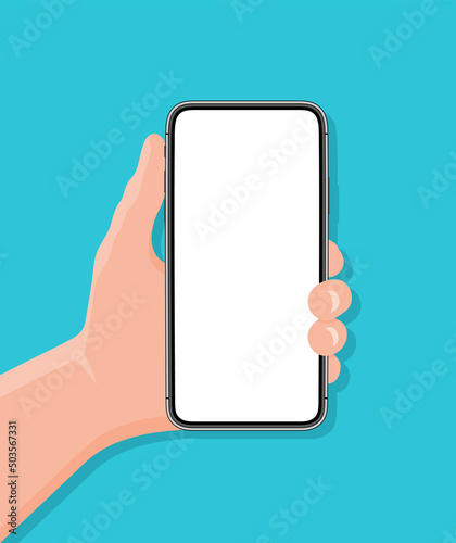 Phone in hand, hand holds smartphone with blank white screen. Flat mobile cellphone in hand illustration of icons isolated. Vector. Man or woman using device, empty cartoon telephone on background