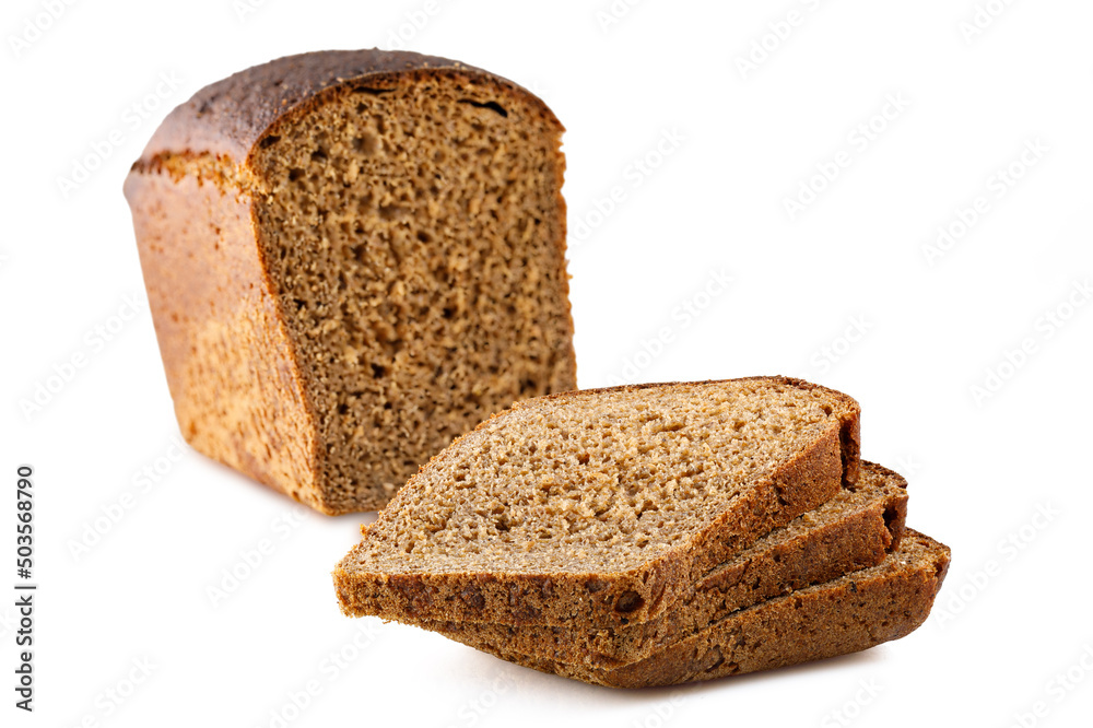 Loaf of black bread isolated on white. Close-up. Selective depth of field.. Loaf of black bread isolated on white. Close-up. Selective depth of field..