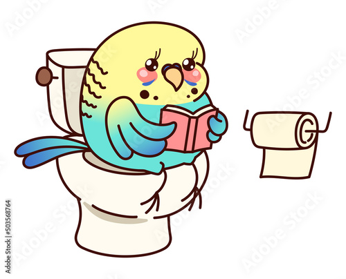 Parrot sits on the toilet bowl and reads a book. Kawaii character. Blue budgie. Funny sticker. Cute vector illustration isolated on white background.