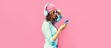 Summer colorful portrait of stylish modern young woman listening to music in headphones with smartphone on pink background