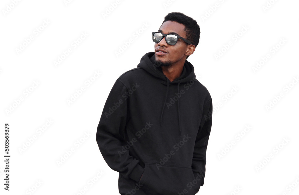 Portrait of stylish young african man looking away wearing black hoodie, sunglasses isolated on white background Portrait of stylish young african man looking away wearing black hoodie, sunglasses isolated on white background