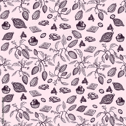 Cocoa beans. Branches of the fruit of the chocolate tree. Chocolate confectionery.