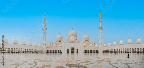 Panorama exterior photo of Abu Dhabi's Sheikh Zayed Grand Mosque in the United Arab Emirates