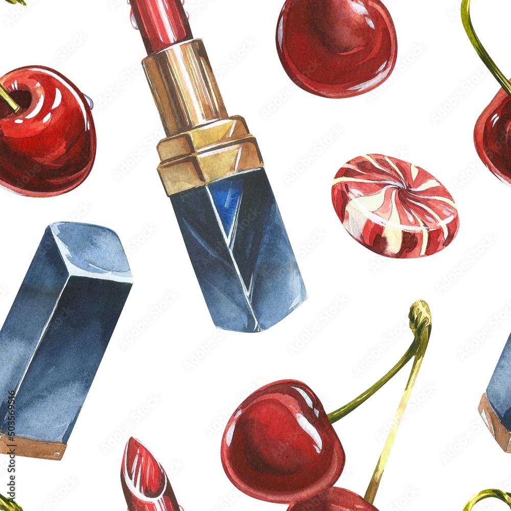 Lipstick seamless pattern. Opened red lipstick in black case. Pomade