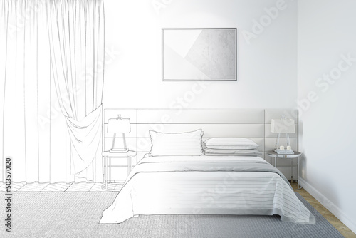 A sketch becomes a real bedroom with a horizontal poster above a headboard, lamps on bedside tables on both sides of the bed with bedspreads, and classic curtains on the window. 3d render