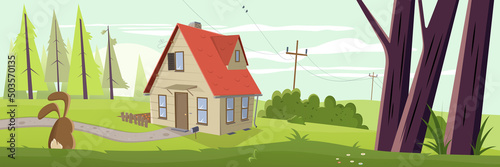 illustration of a cartoon landscape with house and trees
