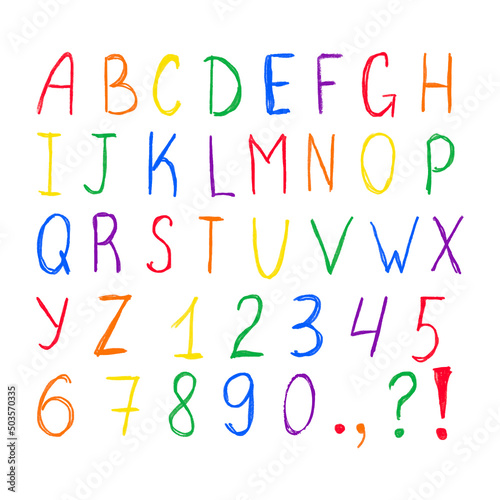 Crayon, color pencil alphabet font. Bright rainbow colored alphabet letters, numbers and symbols. Vector chalk textured abc isolated. Simple children kid hand writing style.