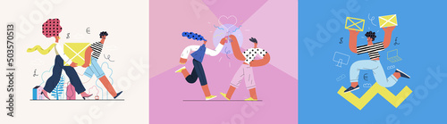 Startup illustrations set. Flat line vector modern concept illustration of people, startup metaphor. Concept of building new business, planning, strategy, teamwork and management. Company processes