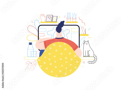Technology Memphis -Home Office, modern flat vector concept digital illustration home office metaphor, a freelancer guy working at home with pets and plants. Creative landing web page illustration
