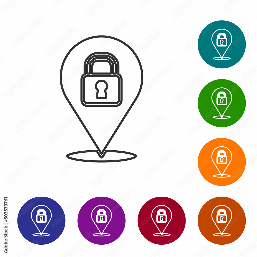 Black line Location lock icon isolated on white background. The concept of the house turnkey. Set icons in color circle buttons. Vector Black line Location lock icon isolated on white background. The concept of the house turnkey. Set icons in color circle buttons. Vector