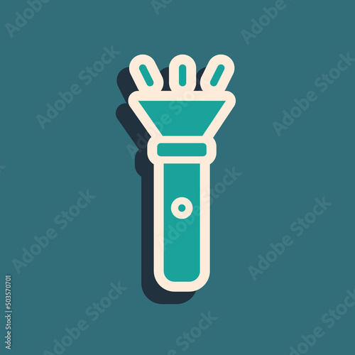 Green Flashlight icon isolated on green background. Long shadow style. Vector