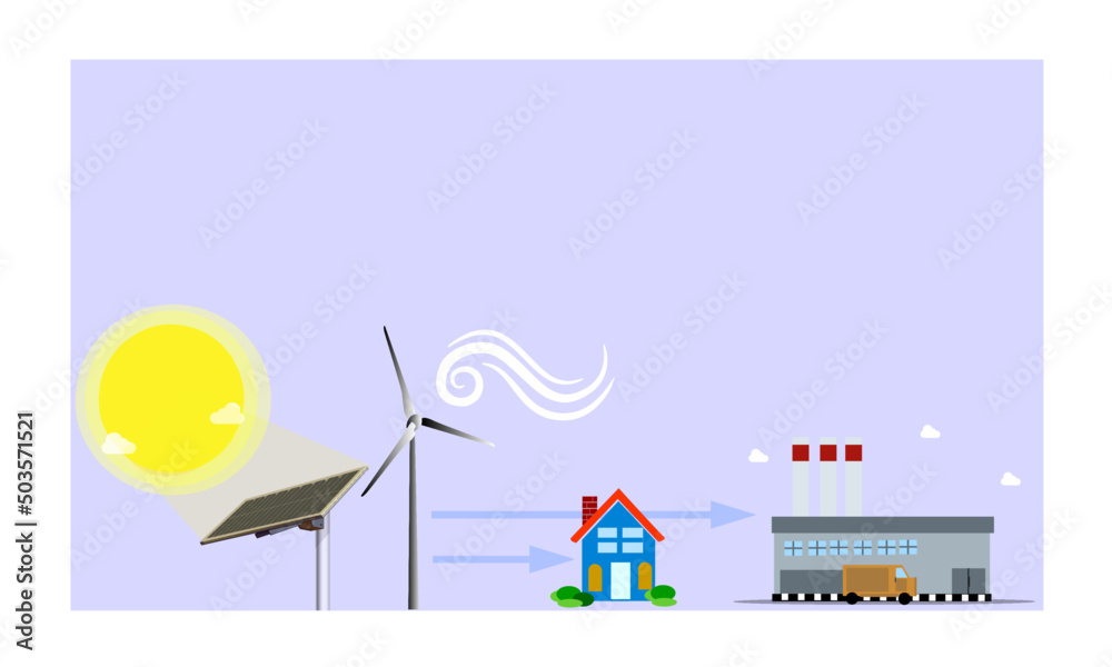 Alternative fuel vector illustration scheme. Green and clean energy source. Wind turbine and solar panel, house and industry. Concept of energies and non-fossil fuels.