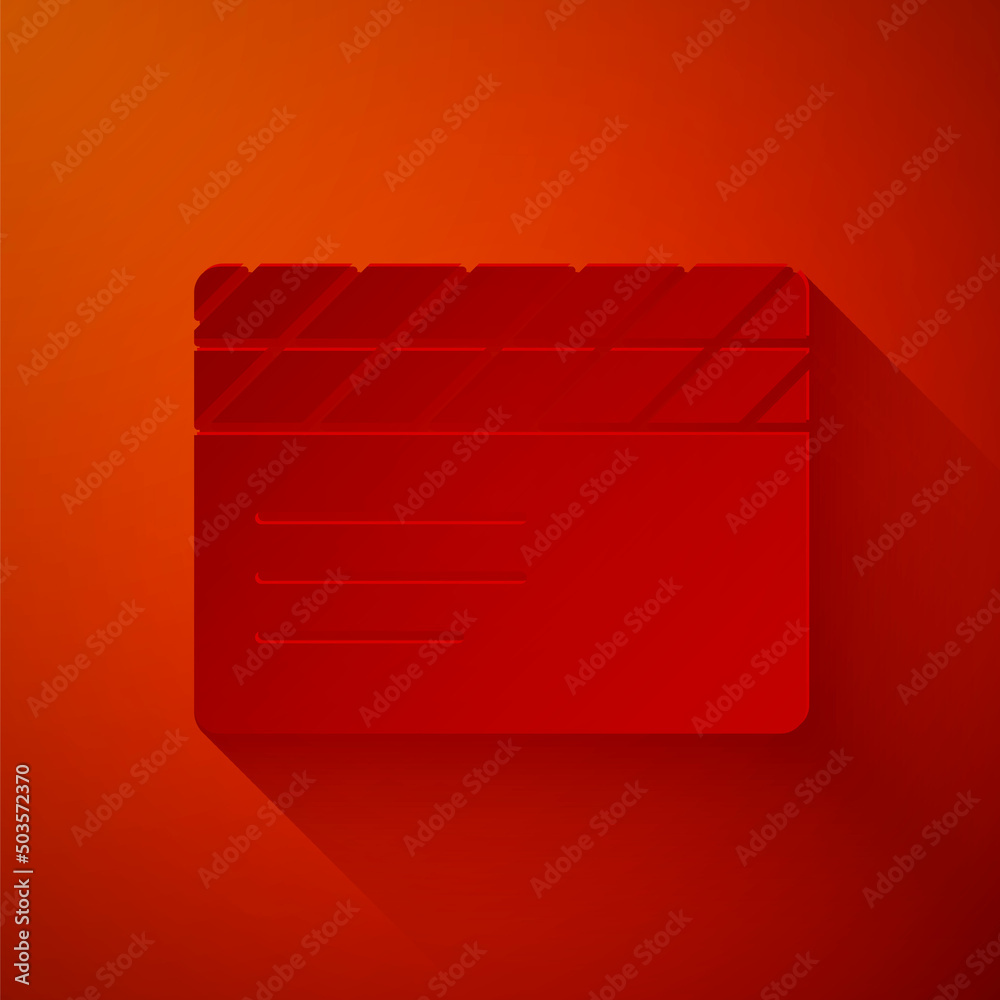 Paper cut Movie clapper icon isolated on red background. Film clapper board. Clapperboard sign. Cinema production or media industry. Paper art style. Vector Paper cut Movie clapper icon isolated on red background. Film clapper board. Clapperboard sign. Cinema production or media industry. Paper art style. Vector