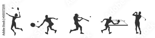 Types of ball sports, silhouettes of athletes vector icons.