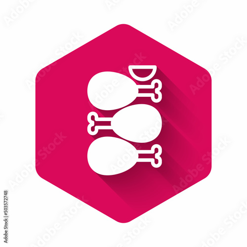 White Indian traditional food Tandoori chicken icon isolated with long shadow. Pink hexagon button. Vector