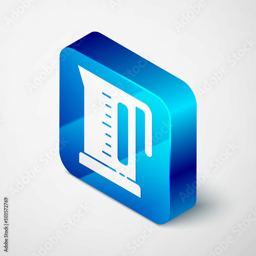 Isometric Electric kettle icon isolated on grey background. Teapot icon. Blue square button. Vector