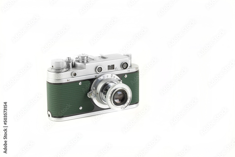 The old rangefinder film camera, Green Body, on white background.