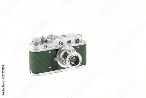 The old rangefinder film camera, Green Body, on white background. photo