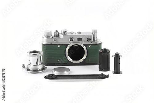 The old rangefinder film camera, Green Body, on white background.
