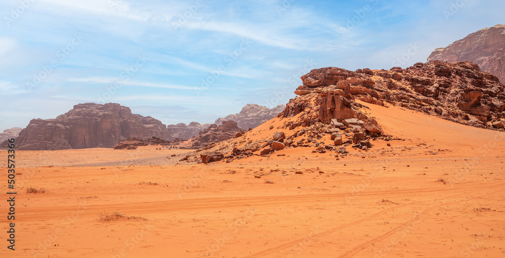 Red sands, mountains and marthian landscape of Wadi Rum desert, Jordan