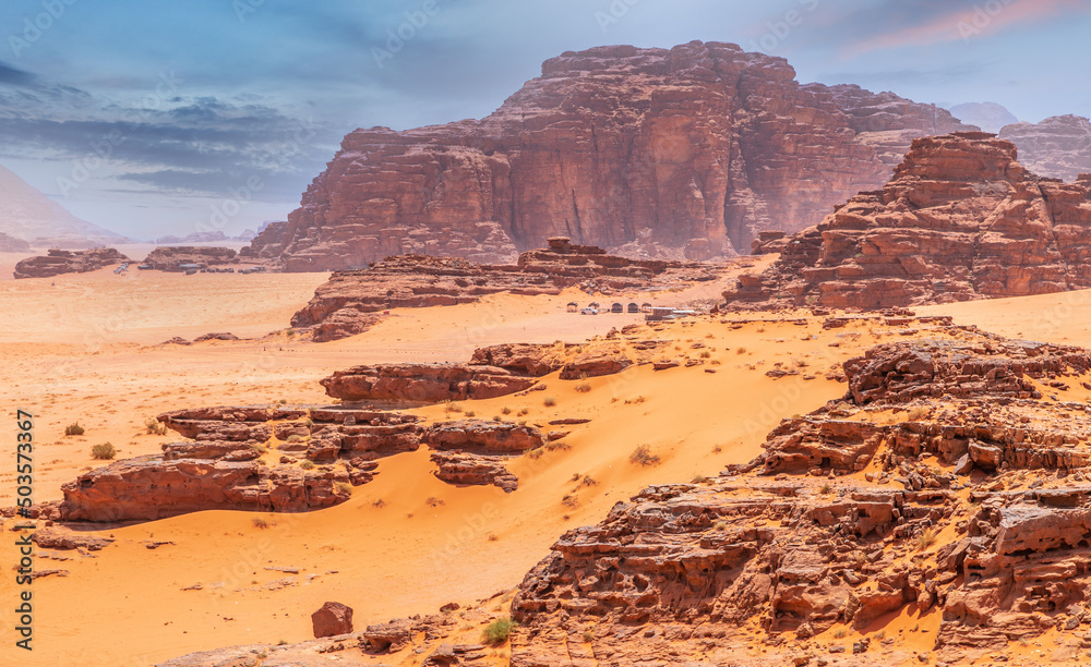 Red sands, mountains and marthian landscape of Wadi Rum desert, Jordan