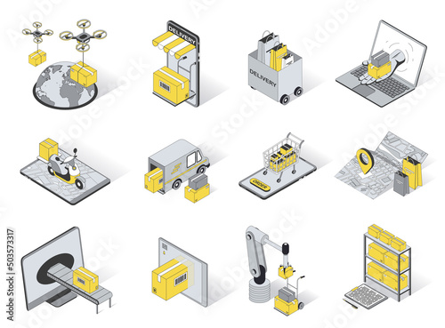 Delivery concept 3d isometric icons set. Pack elements of flying drone, global shipping, online shopping, tracking app, upload, warehouse and other. Vector illustration in modern isometry design