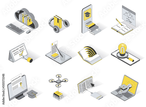Online education concept 3d isometric icons set. Pack elements of ebook library, listening audio books, webinar, video lessons, exam test and other. Vector illustration in modern isometry design