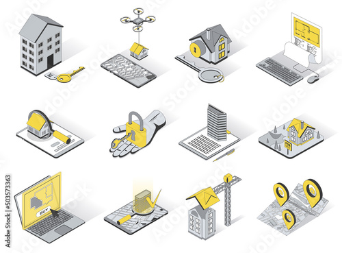 Real estate concept 3d isometric icons set. Pack elements of house, key, rent, sell, buy, blueprint, search, building, apartment, property and other. Vector illustration in modern isometry design