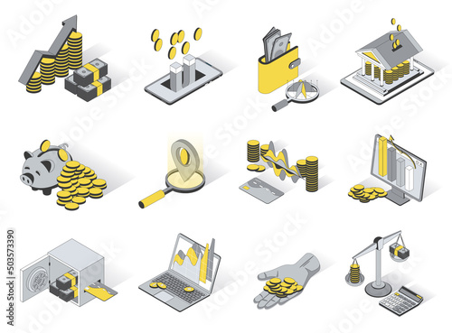 Finance concept 3d isometric icons set. Pack elements of financial analysis, money, profit, earning, wallet, accounting, savings, piggy bank and other. Vector illustration in modern isometry design