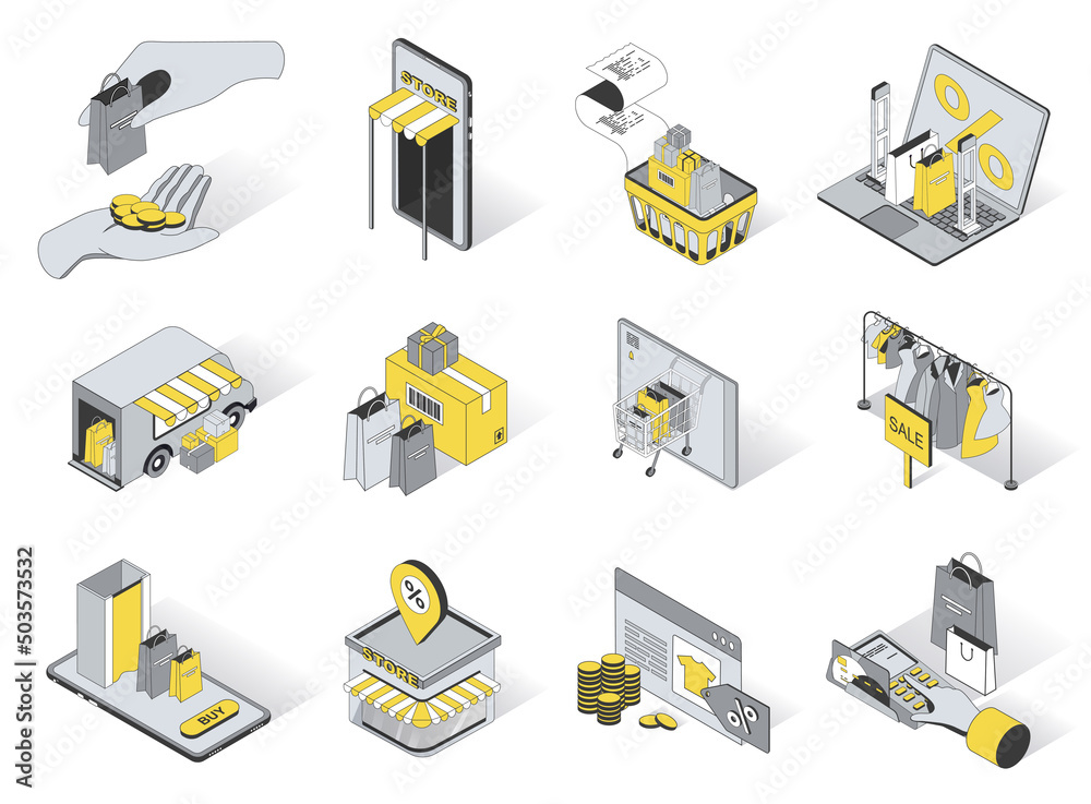 Retail service concept 3d isometric icons set. Pack elements of shopping, purchase, paying, store, discount, sale, bag, clothes, boutique and other. Vector illustration in modern isometry design - obrazy, fototapety, plakaty 