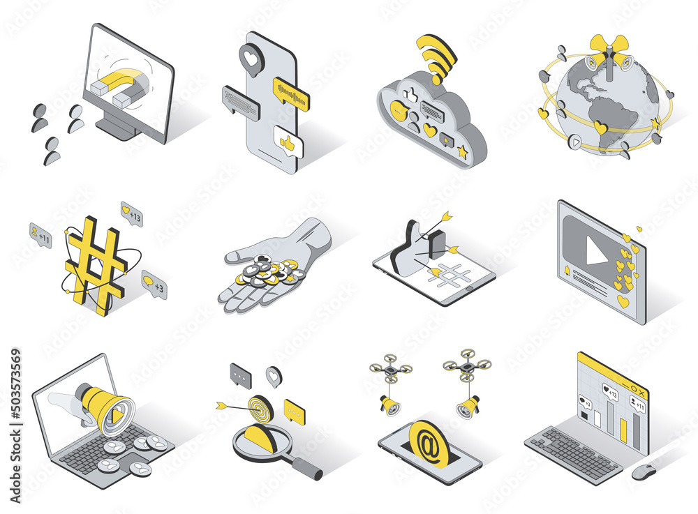 Social media service concept 3d isometric icons set. Pack elements of ...