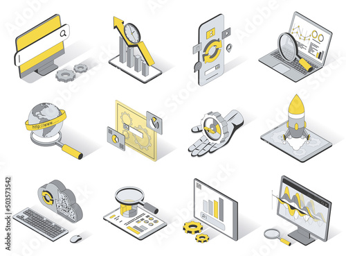 Seo optimization service concept 3d isometric icons set. Pack elements of search engine, growth traffic, analysis, settings, cloud computing and other. Vector illustration in modern isometry design