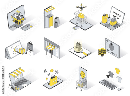 Online shopping service concept 3d isometric icons set. Pack elements of supermarket basket, buy products, shop, gift, store, discount, sale and other. Vector illustration in modern isometry design